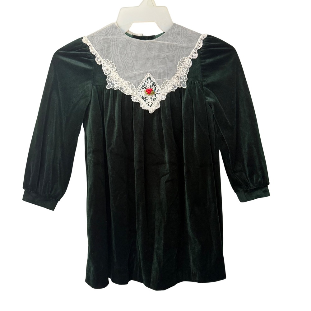 Vintage Bonnie Jean Girls 6X Dark Green Velvet Dress Lace Collar USA Made Retro